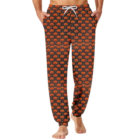 Men's Halloween Jogger Pajama Pants, Drawstring Two Pocket Printed Cuffed Lounge Sleep Trousers Nightwear Slacks, Saffron, L