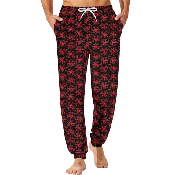 Men's Halloween Jogger Pajama Pants, Drawstring Two Pocket Printed Cuffed Lounge Sleep Trousers Nightwear Slacks, Wine, S