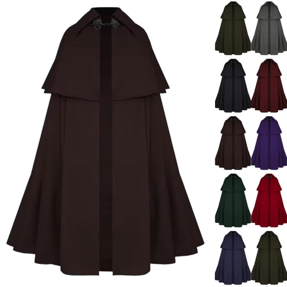 Men's Halloween Novelty Coat Distressed Open Front Relaxed Fit Cape Button Clasp Neck Full Floor Length Soft Fabric Cloak for Holiday Dress‑up Coffee