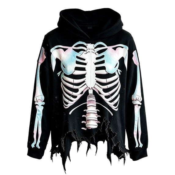 Men’s Halloween Outfits Halloween Unisex Y2K Wash Gothic Graphic Hoodies Oversize Grunge Skull Print Sweatshirt Casual Fit Pullover(01_Black,M)