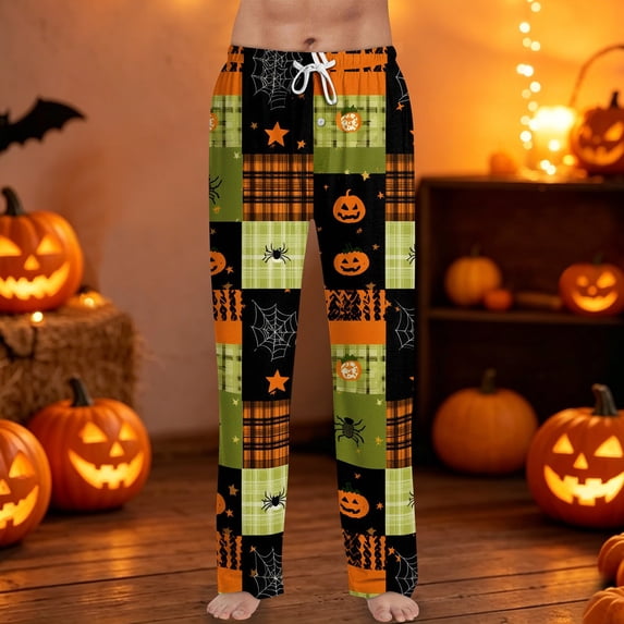 Men's Halloween Pajama Pants Pumpkin Spider Web Wide Leg Horror Pajama Pants Witch Hat Castle Drawstring Funny Sleep Pants, XL