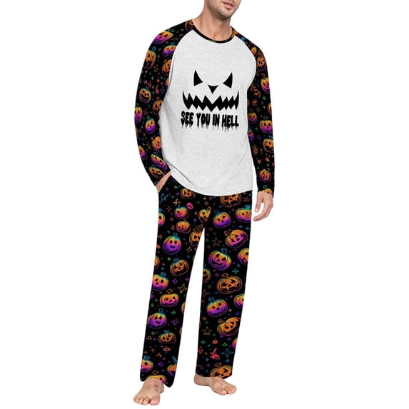 Men's Halloween Pajama Set Long Sleeve Raglan Crewneck Soft Cotton Loungewear with Print Top & Full Length Pants for Home Black M