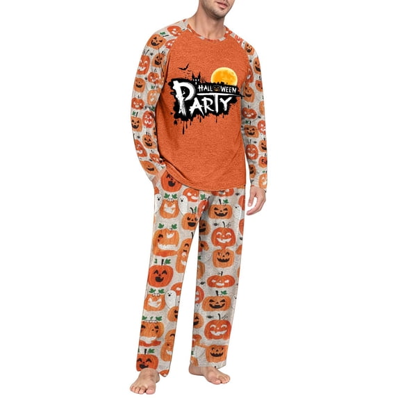Men's Halloween Pajama Set Long Sleeve Raglan Soft Cotton Loungewear with Letter Print Top & Full Length Pants for Home Night Orange XL