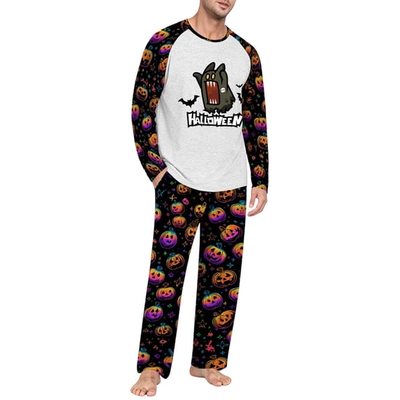 Men's Halloween Pajama Set Long Sleeve Raglan Soft Cotton Loungewear with Letter Top & Full Length Pants for Home Night Black M