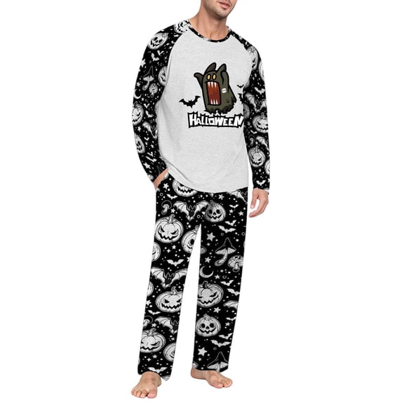 Men's Halloween Pajama Set Long Sleeve Raglan Soft Cotton Loungewear with Letter Top & Full Length Pants for Home Night White L