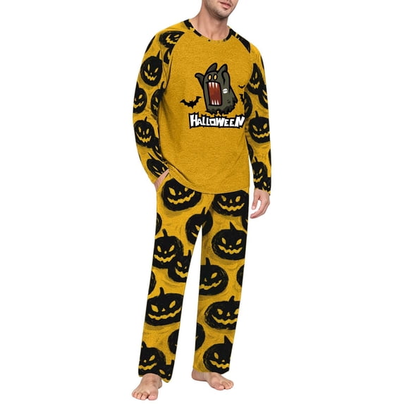 Men's Halloween Pajama Set Long Sleeve Raglan Soft Cotton Loungewear with Letter Top & Full Length Pants for Home Night Yellow 3XL