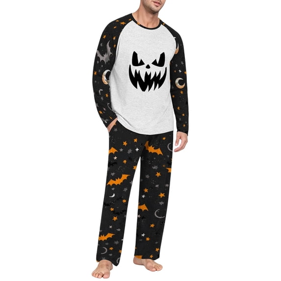 Men's Halloween Pajama Set Long Sleeve Raglan Soft Cotton Loungewear with Print Top & Full Length Pants for Home Night Navy 2XL