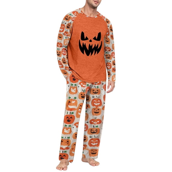 Men's Halloween Pajama Set Long Sleeve Raglan Soft Cotton Loungewear with Print Top & Full Length Pants for Home Night Orange L