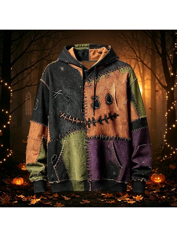 Men's Halloween Patchwork Hoodie for Seasonal Comfort and Festive Style—Cozy Winter Sweatshirt with Detailing and Stitching Craft