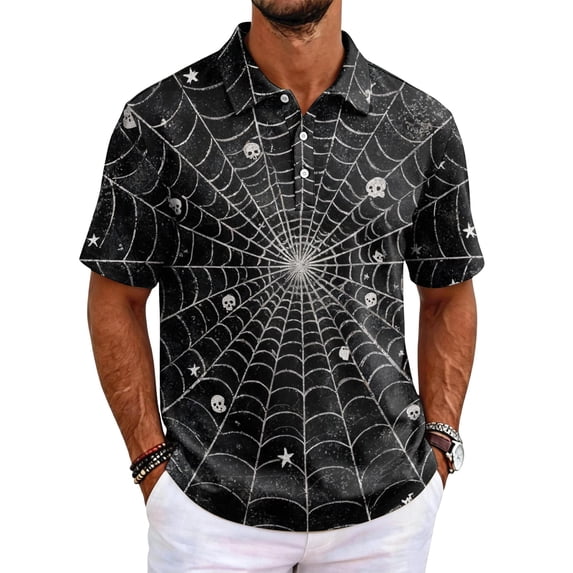 Men's Halloween Polo Shirts Button Down Funny Print Short Sleeve Tops Fashion Vintage Hawaiian Beach T-Shirts Orange 3XL