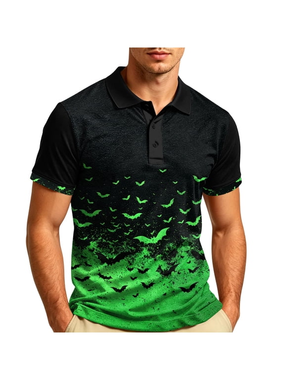 Men's Halloween Polo Shirts Funny Golf Tops with Bat Graphic Casual Polo Collar Button Down for Halloween Party
