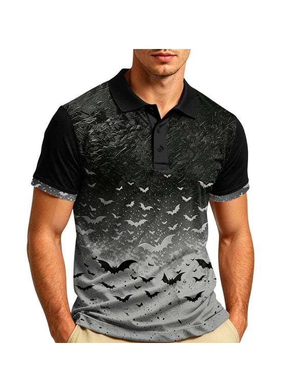Men's Halloween Polo Shirts Funny Golf Tops with Bat Graphic Casual Polo Collar Button Down for Halloween Party