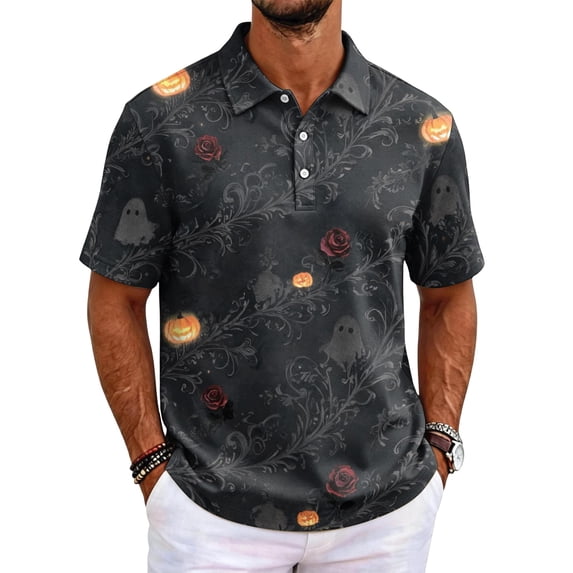 Men's Halloween Poloshirt Button Down Funny Spooky Novelty Short Sleeve Shirts Comfy Casual Tropical Holiday Beach T-Shirts Purple S