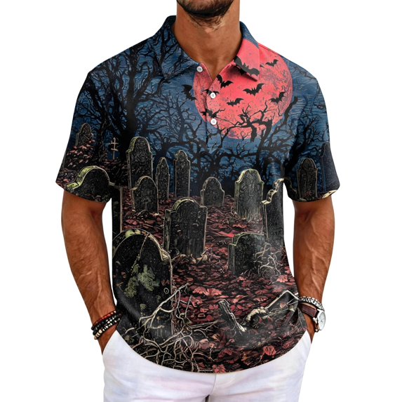 Men's Halloween Poloshirt Short Sleeve Fun Pumpkins Skull Button Down T-Shirts Lightweight Vintage Hawaiian Beach Costume Red 3XL