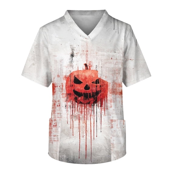 Men's Halloween Scrub Tops V-Neck Short Sleeve Bat Web Hand Lettering Print Medical Work Uniform with Chest Pocket Comfortable Pullover Tunic White XL