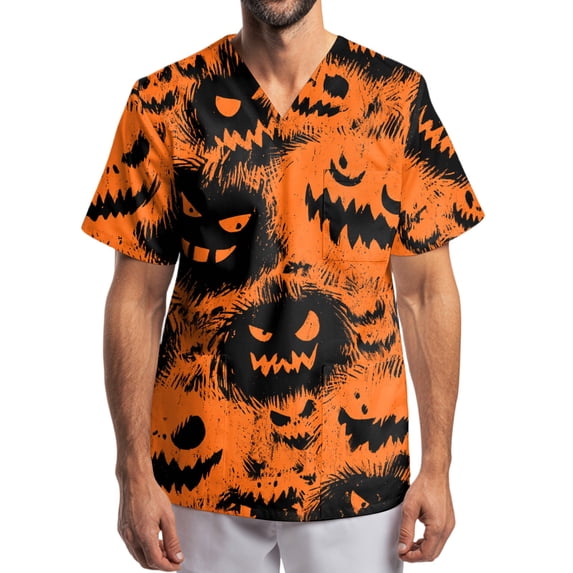Men's Halloween Scrub Tops V-Neck Short Sleeve Bat Print Medical Workwear Shirt with Chest Pocket Pullover Tunic for Nurse Staff Black L