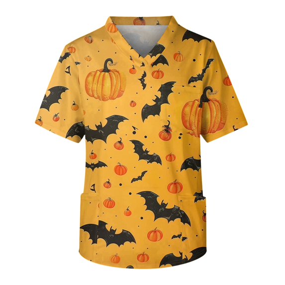 Men's Halloween Scrub Tops V-Neck Short Sleeve Bat Pattern Print Work Tunic with Chest Pocket and Front Pockets Pullover Medical Uniform Yellow XL