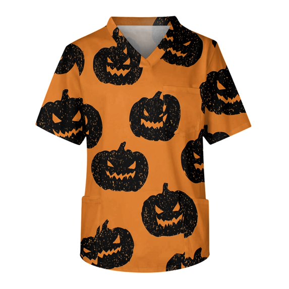 Men's Halloween Scrub Tops V-Neck Short Sleeve Bat Pattern Print Work Tunic with Chest Pocket and Front Pockets Pullover Medical Uniform Ginger 5XL