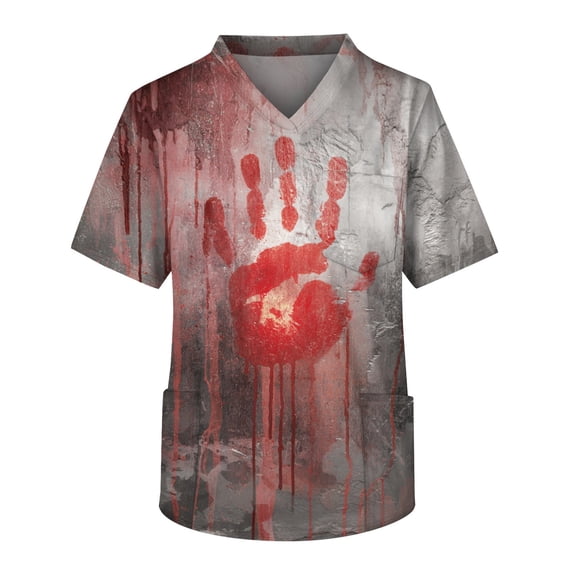 Men's Halloween Print Scrub Tops Short Sleeve V-Neck Chest & Two Front Pockets Bat Star Pattern Medical Nurse Shirts for Clinic Vet Dental Healthcare Uniform Gray B 3XL