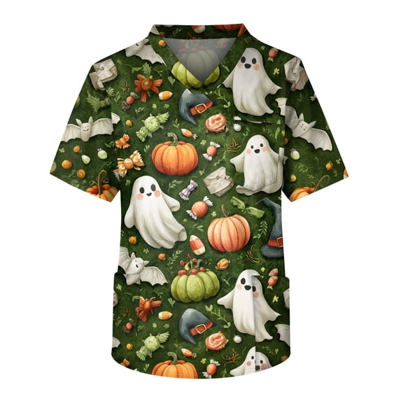 Men's Halloween Scrub Tops V-Neck Short Sleeve Bat and Star Print Medical Work Shirt with Chest Pocket and Front Pockets Comfortable Pullover Uniform for Nurse Green 5XL
