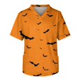 thumbnail image 1 of Men's Halloween Scrub Tops V-Neck Short Sleeve Bat Bone Star Eye Print Medical Workwear with Chest Pocket and Front Pockets Comfortable Pullover Uniform Orange M, 1 of 4