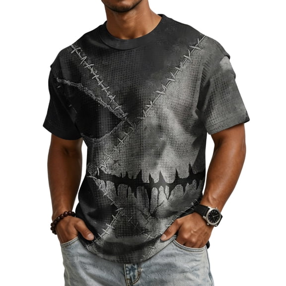 Men's Halloween Print Waffle Shirt, Crew Neck Short-sleeved Tee, Running Workouts Golf Gift T-Shirt for Men