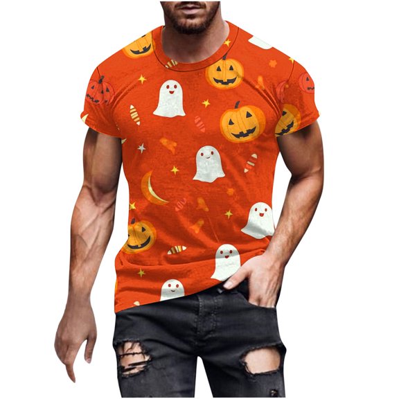 Men's Halloween Printed Round Neck Short Sleeved Blouses Oversize Basic Slim Fit T-shirt