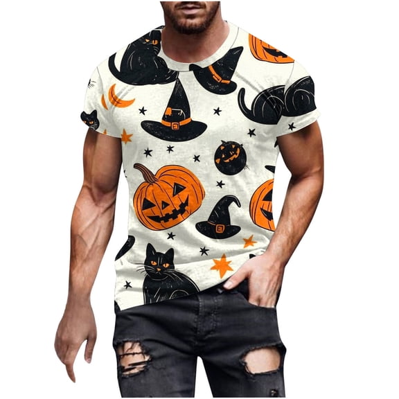 Men's Halloween Printed Round Neck Short Sleeved Blouses Oversize Basic Slim Fit T-shirt
