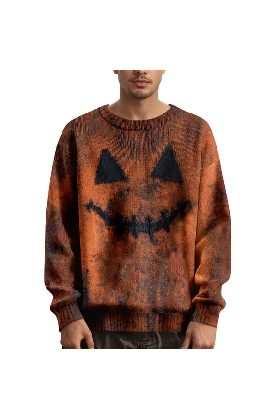 Men's Halloween Pullover Sweater with Pumpkin Bat Pattern Crewneck Long Sleeve Knitted Top for Autumn Winter Parties