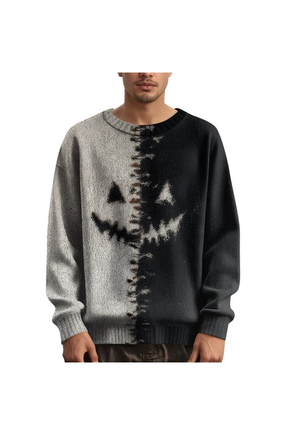 Men’s Halloween Pumpkin Face Pullover Sweater Cozy Crewneck Long Sleeve Top Stitched Patchwork Design for Fall Parties