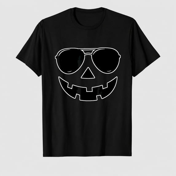 Men's Halloween Pumpkin Face Sunglasses Graphic T-Shirt, 100% Cotton Short Sleeve Shirt