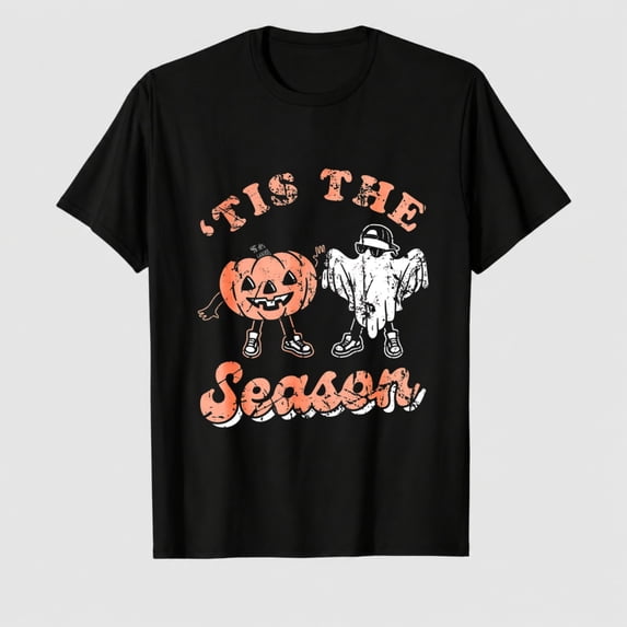 Men's Halloween Pumpkin Ghost Graphic T-Shirt, Tis The Season 100% Cotton Short Sleeve Shirt