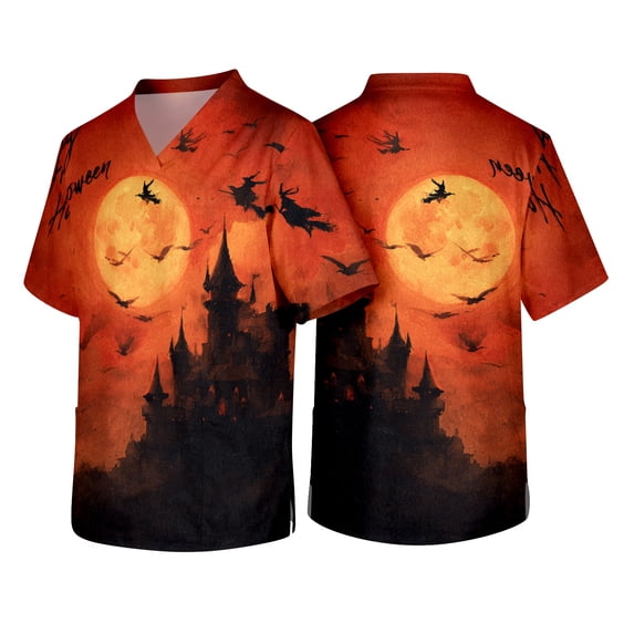 Men's Halloween Scrub Top Funny Halloween Printed V-Neck Medical Shirt Tops Halloween Caregiver T Shirts