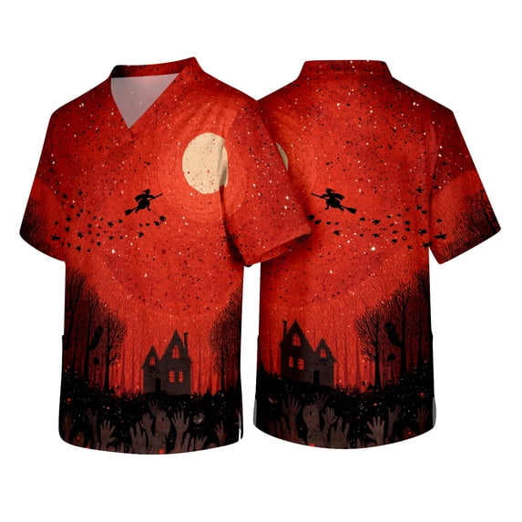 Men's Halloween Scrub Top Funny Pumpkin Bat Printed V-Neck Medical Shirt Tops Halloween Scrubs Tops Working Nurse Uniforms with Pockets