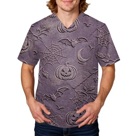 Men's Halloween Scrub Top Spooky Pumpkin Printed V-Neck Short Sleeve Scrub Top Halloween Nurse Uniforms Workwears