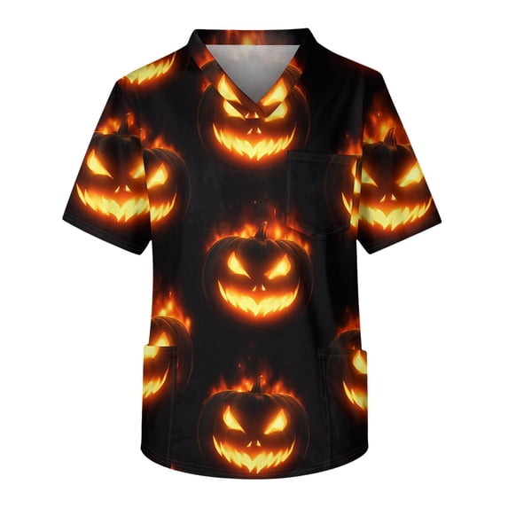 Men's Halloween Scrub Tops V-Neck Short Sleeve Allover Bat Print Medical Work Shirt with Chest Pocket and Front Patch Pockets Uniform for Nurse Black L