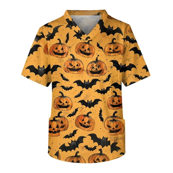 Men's Halloween Scrub Tops V-Neck Short Sleeve Allover Bat Print Medical Work Shirt with Chest Pocket and Front Patch Pockets Uniform for Nurse Ginger 3XL
