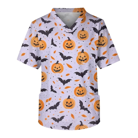 Men's Halloween Scrub Tops V-Neck Short Sleeve Allover Bat Print Medical Work Shirt with Chest Pocket and Front Patch Pockets Uniform for Nurse Light Purple XL