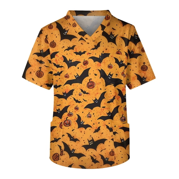 Men's Halloween Scrub Tops V-Neck Short Sleeve Allover Bat Print Medical Work Shirt with Chest Pocket and Front Patch Pockets Uniform for Nurse Orange 5XL