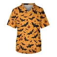 thumbnail image 1 of Men's Halloween Scrub Tops V-Neck Short Sleeve Allover Bat Print Medical Work Shirt with Chest Pocket and Front Patch Pockets Uniform for Nurse Orange L, 1 of 4