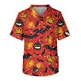 thumbnail image 1 of Men's Halloween Scrub Tops V-Neck Short Sleeve Allover Bat Print Medical Work Shirt with Chest Pocket and Front Patch Pockets Uniform for Nurse Saffron M, 1 of 4
