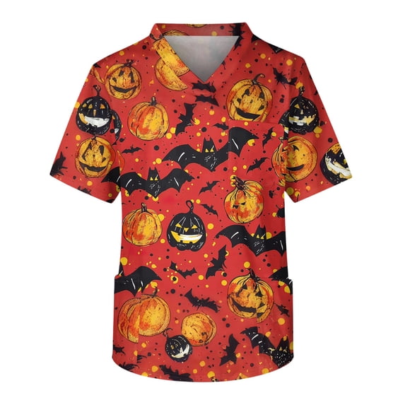 Men's Halloween Scrub Tops V-Neck Short Sleeve Allover Bat Print Medical Work Shirt with Chest Pocket and Front Patch Pockets Uniform for Nurse Saffron M
