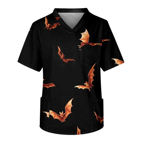 Men's Halloween Scrub Tops V-Neck Short Sleeve Bat Pattern Print Work Tunic with Chest Pocket and Front Pockets Pullover Medical Uniform Light Brown M