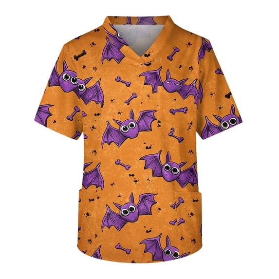 Men's Halloween Scrub Tops V-Neck Short Sleeve Bat Pattern Print Work Tunic with Chest Pocket and Front Pockets Pullover Medical Uniform Orange 2XL