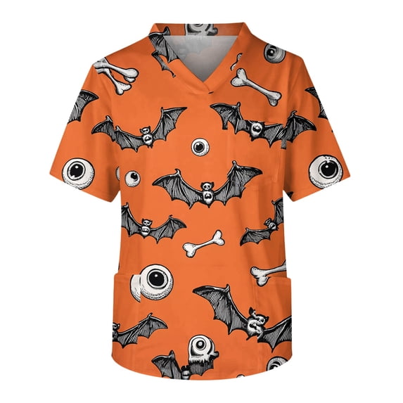 Men's Halloween Scrub Tops V-Neck Short Sleeve Bat Pattern Print Work Tunic with Chest Pocket and Front Pockets Pullover Medical Uniform Saffron 4XL