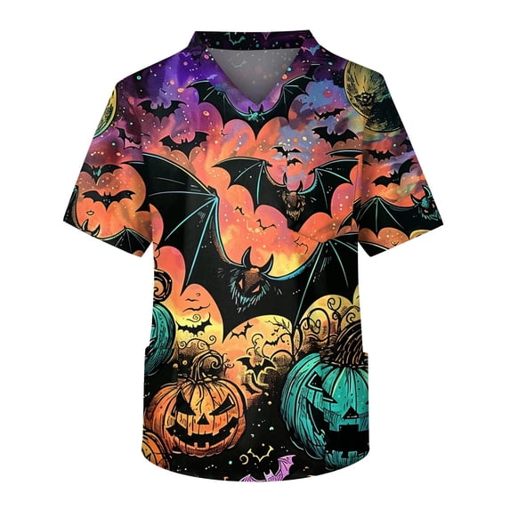Men's Halloween Scrub Tops V-Neck Short Sleeve Bat and Star Print Medical Uniform with Chest Pocket and Front Patch Pockets Comfortable Workwear Saffron 5XL