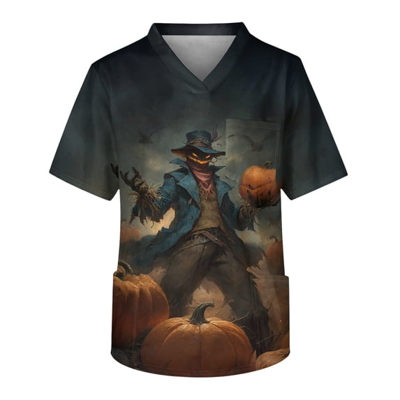 Men's Halloween Scrub Tops V-Neck Short Sleeve Bat Web Hand Lettering Print Medical Work Uniform with Chest Pocket Comfortable Pullover Tunic Ginger 4XL
