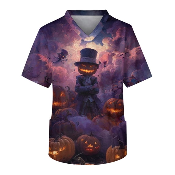 Men's Halloween Scrub Tops V-Neck Short Sleeve Bat Web Hand Lettering Print Medical Work Uniform with Chest Pocket Comfortable Pullover Tunic Light Purple XL