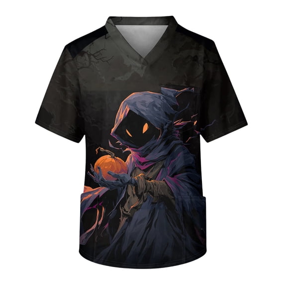 Men's Halloween Scrub Tops V-Neck Short Sleeve Bat Web Hand Lettering Print Medical Work Uniform with Chest Pocket Comfortable Pullover Tunic Black L