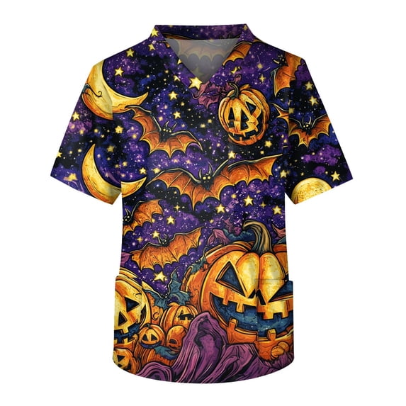 Men's Halloween Scrub Tops V-Neck Short Sleeve Distressed Splatter Print Medical Work Shirt with Chest Pocket Comfortable Pullover Tunic for Doctor Purple 4XL